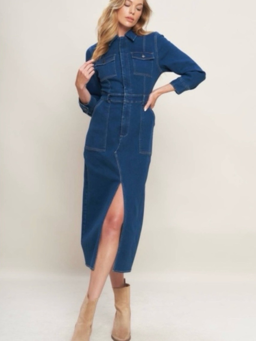 1105 • Classic Blue Denim Long Sleeve Split Front Zip Front Fitted Stretch Dress